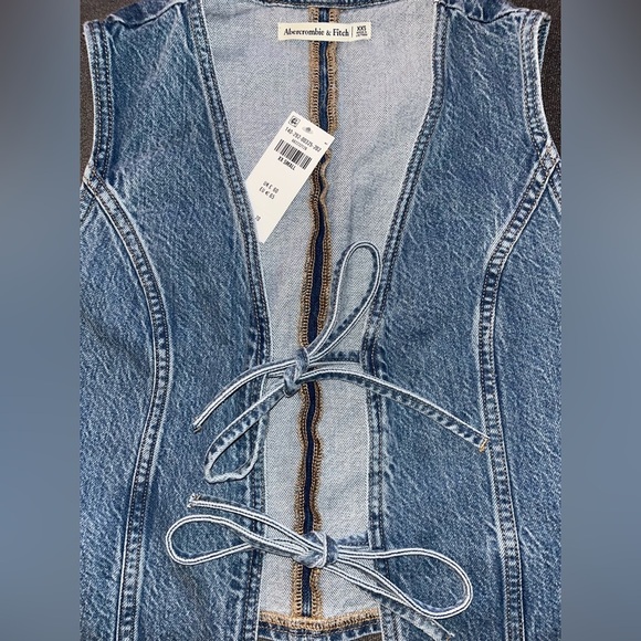 NWT Abercrombie Fitch Tie Front Denim Vest Jean Bows Open Front V Neck XXS Fall - Picture 6 of 15
